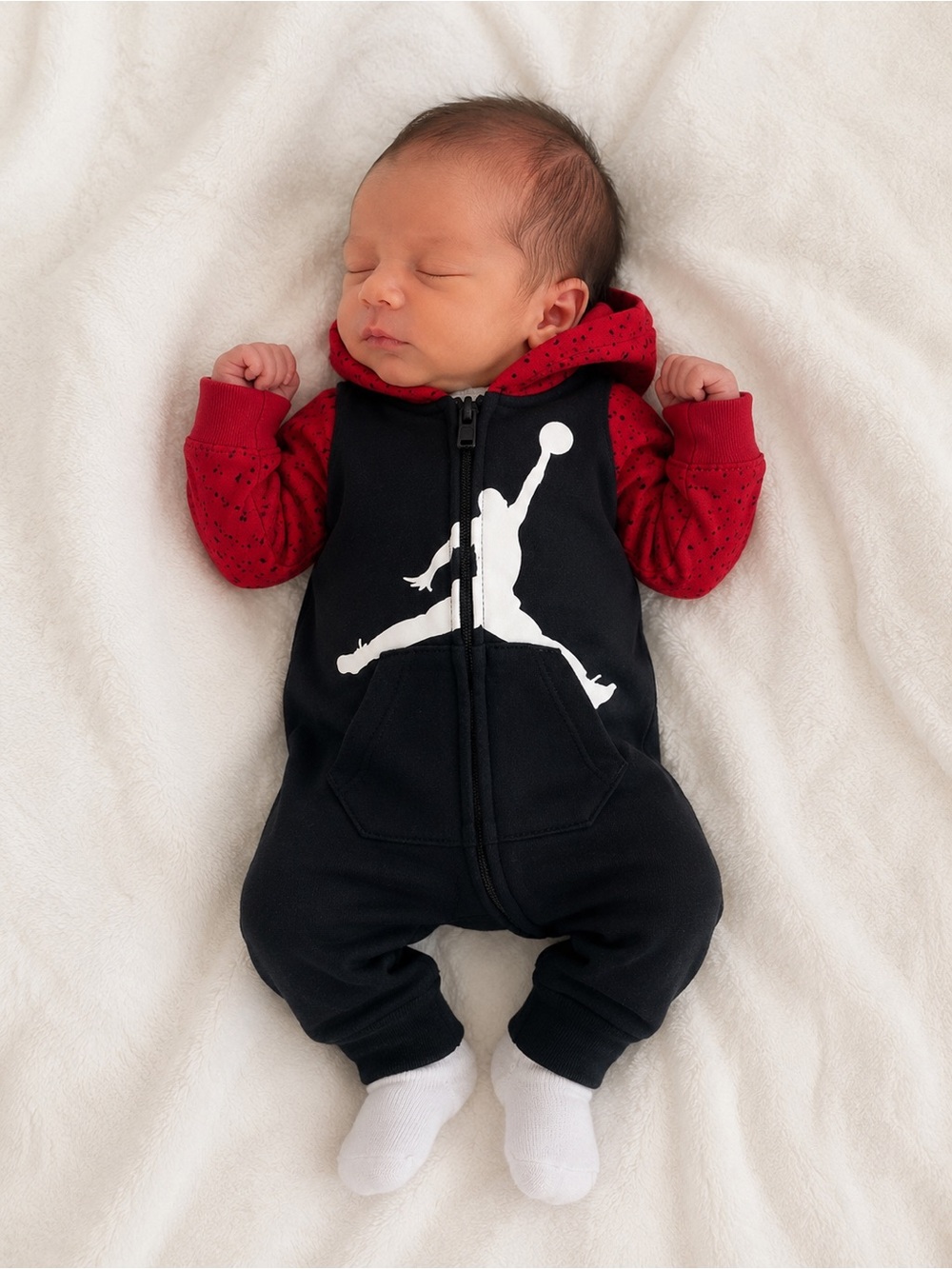 Jordan Baby Hooded One Piece Footie Black Red Jumpman Zip Up NB